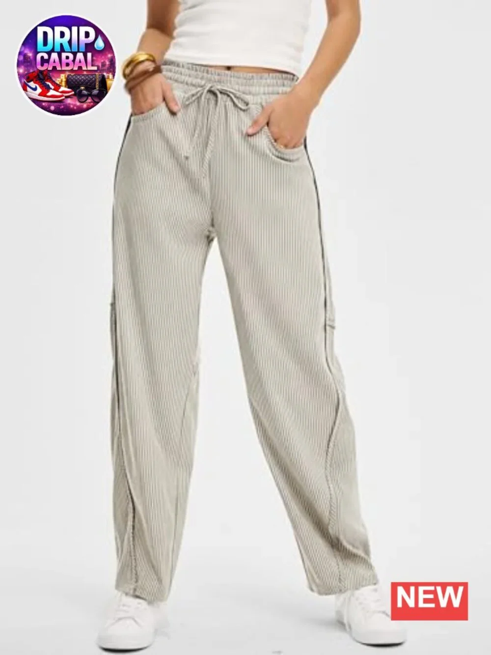 Womens Striped Barrel Casual Pants Elastic Drawstring Baggy Lounge Wide Leg